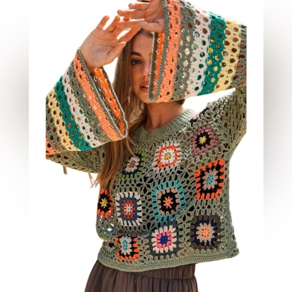 DAVI & DANI Sage Green Granny Square Crochet Top